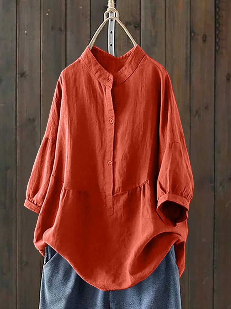 Women's Single Breasted Solid Color Pullover Casual Loose Cotton And Linen Shirt