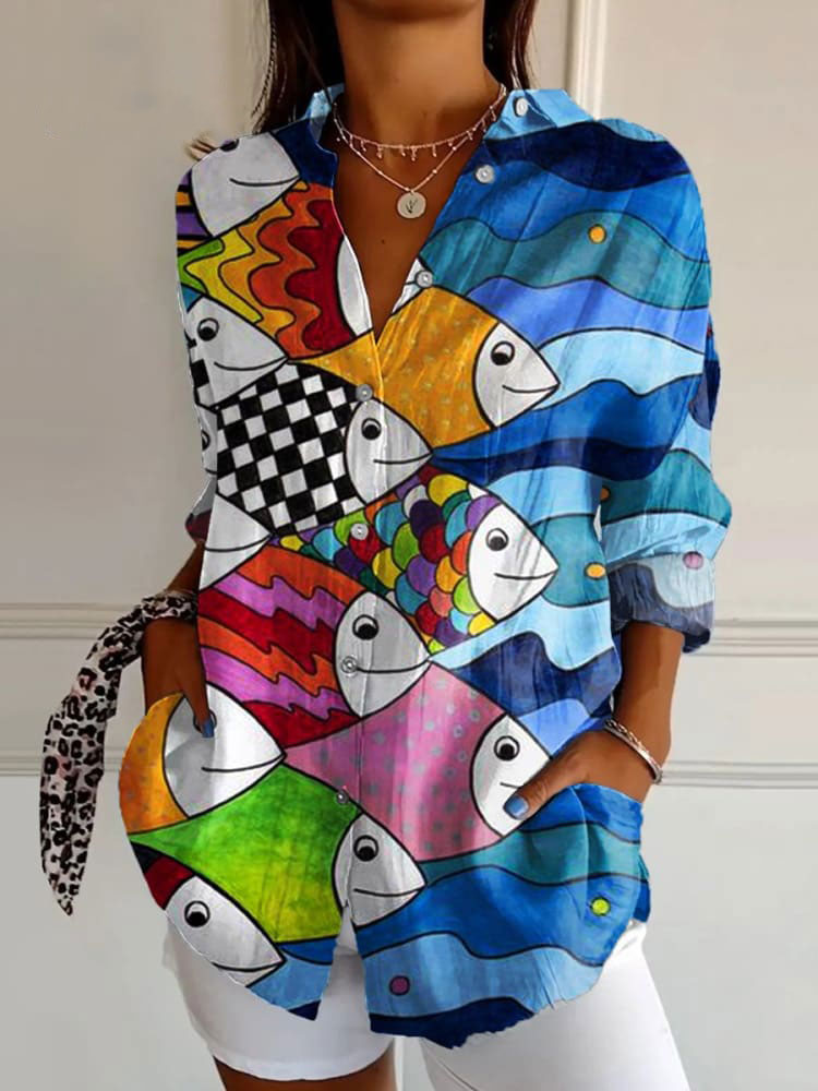 Women's Fish Art Print Casual Cotton Shirt
