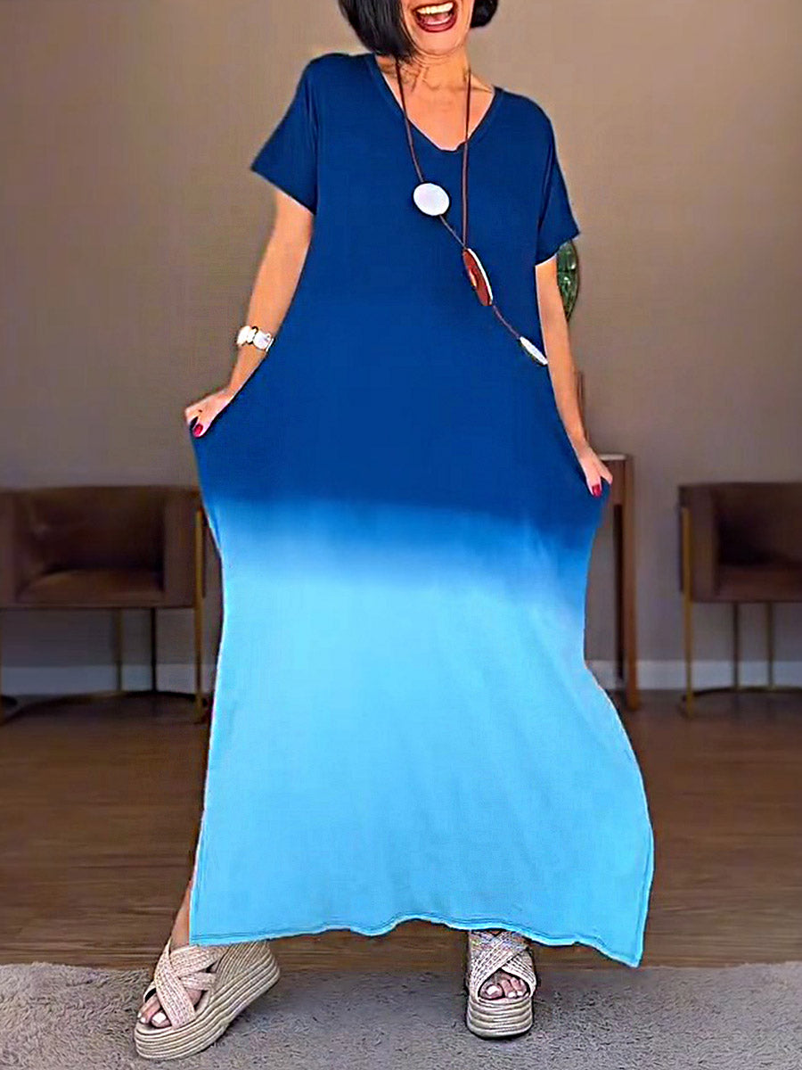 Women's Gradient Print V-Neck Short Sleeve Casual Cotton Dress