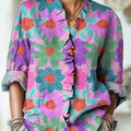 Women's Colorful Abstract Floral Painting Art Print Casual Cotton And Linen Ruffle Shirt