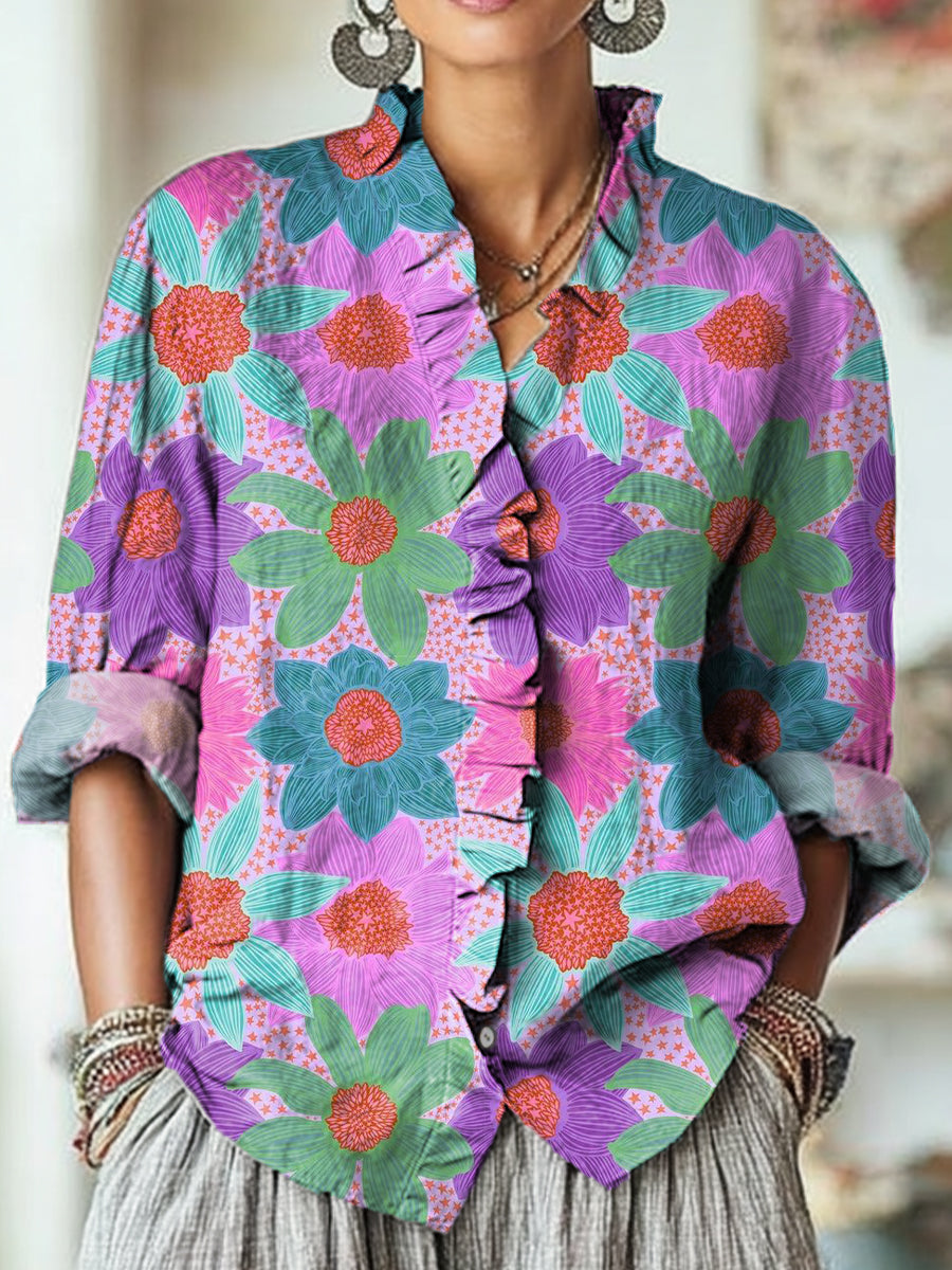 Women's Colorful Abstract Floral Painting Art Print Casual Cotton And Linen Ruffle Shirt