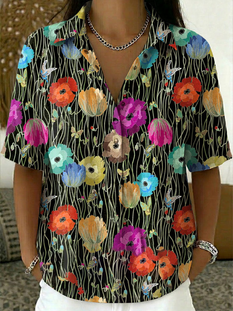 Women's Floral Print Casual Cotton-linen Shirt