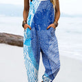 Women's Vintage Abstract Fish Art Print Casual 100% Cotton Wide Leg Jumpsuit