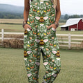 Women's Lovely Floral Bees Art Print Casual 100% Cotton Wide Leg Jumpsuit