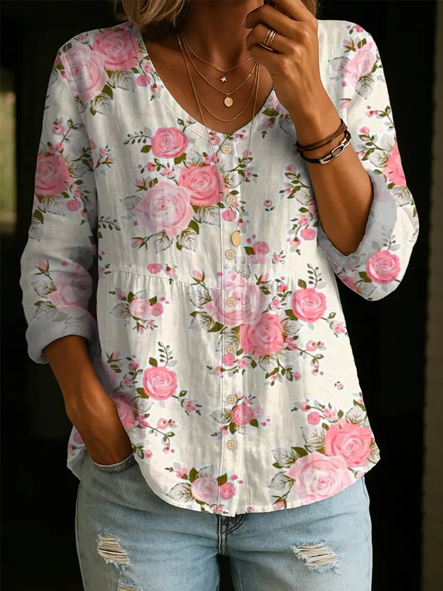 Women's Retro Floral Pattern Art Print Casual Cotton Shirt