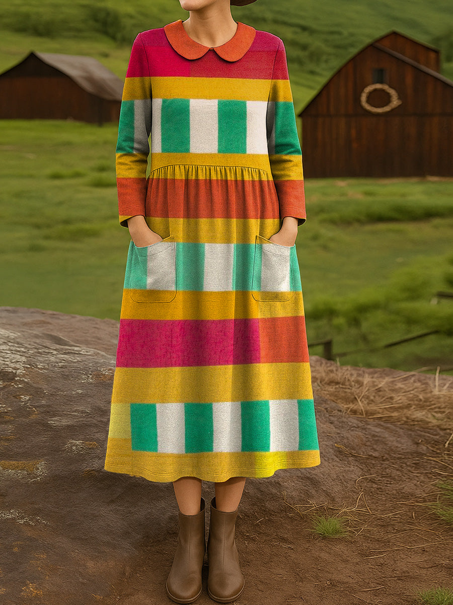 Women's Beautiful Colorful Striped Painting Art Print Cotton Lapel Button-Down Shirt Dress