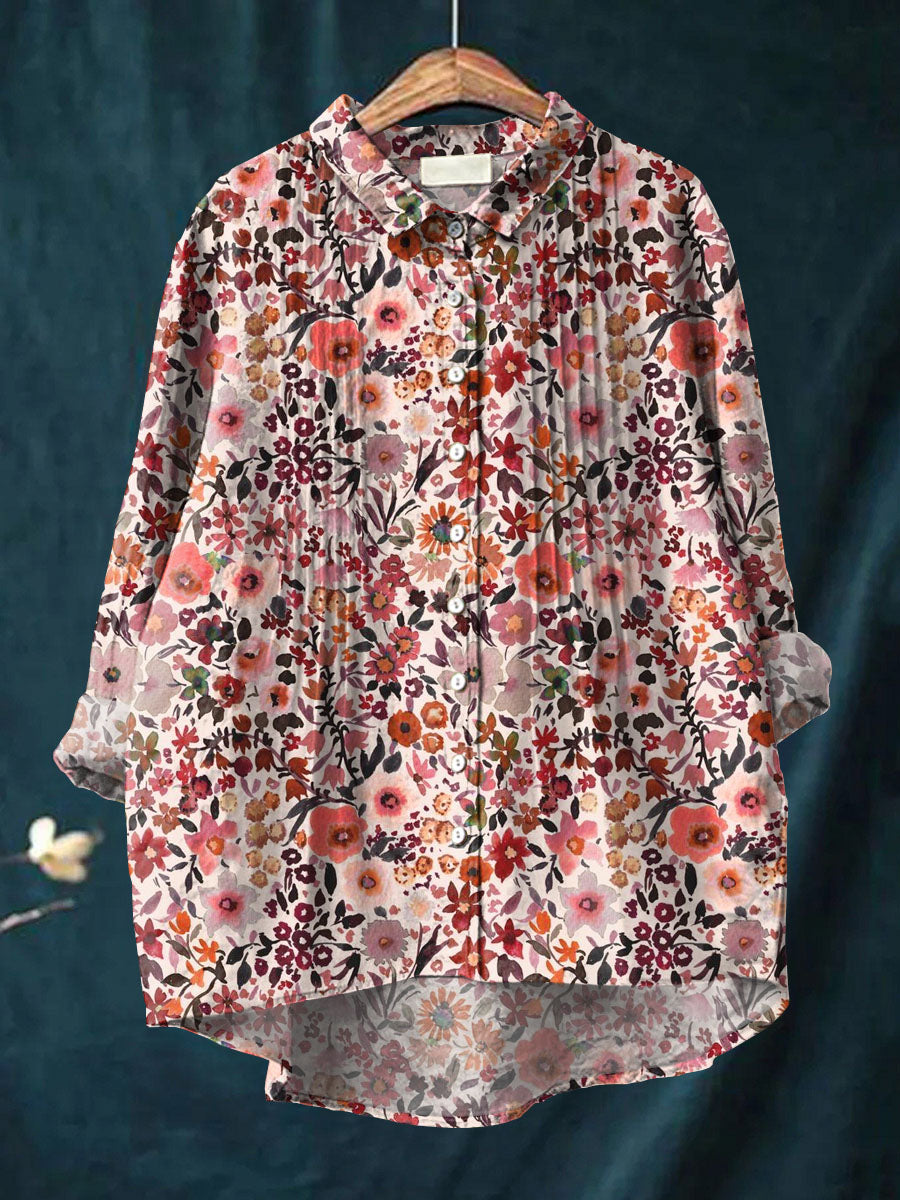 Women's Vintage Floral Pattern Art Print Casual Cotton And Linen Ruffle Shirt