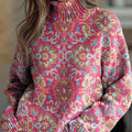 Women's Retro Ethnic Art Flowers Print Knit Turtleneck Pullover Sweater