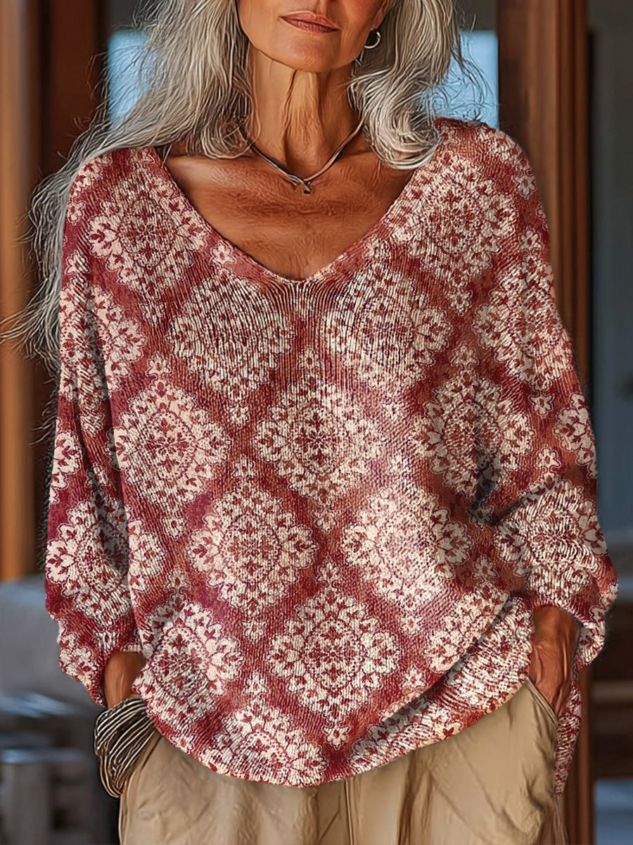 Women's Beautiful Vintage Ethnic Rhombus Geometric Art Print Casual Pullover Sweater