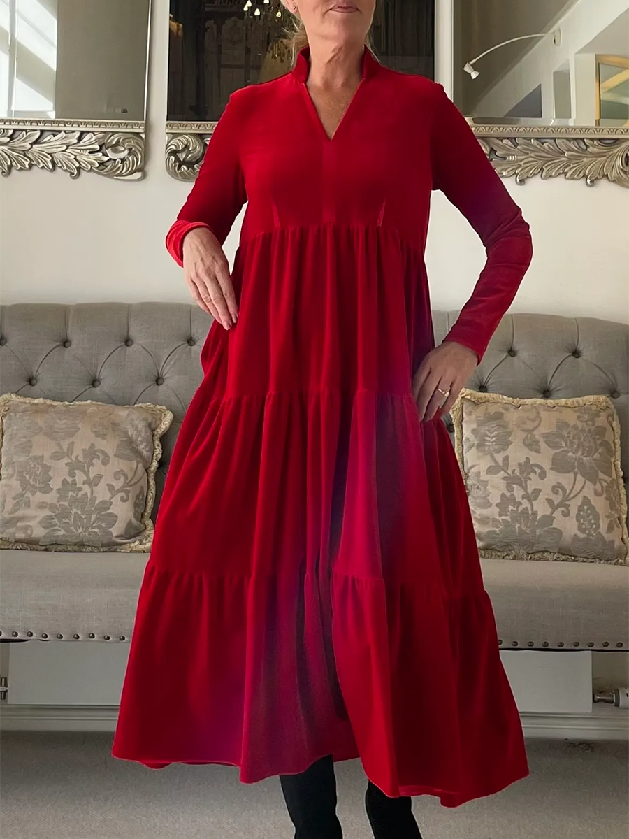 Women's Elegant Velvet V-Neck A-Line Midi Dress
