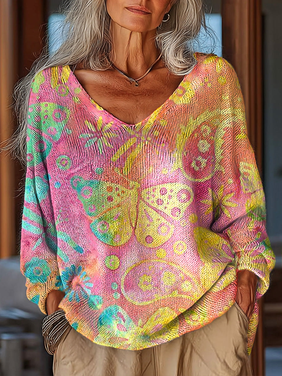 womens-abstract-colorful-butterfly-and-floral-painting-art-print-casual-pullover-sweater