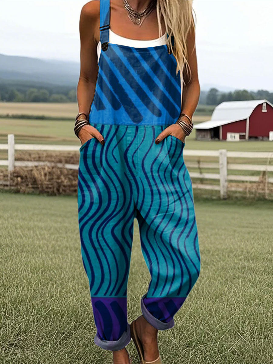 Women's Color Block Stripe Art Print Casual 100% Cotton Wide Leg Jumpsuit