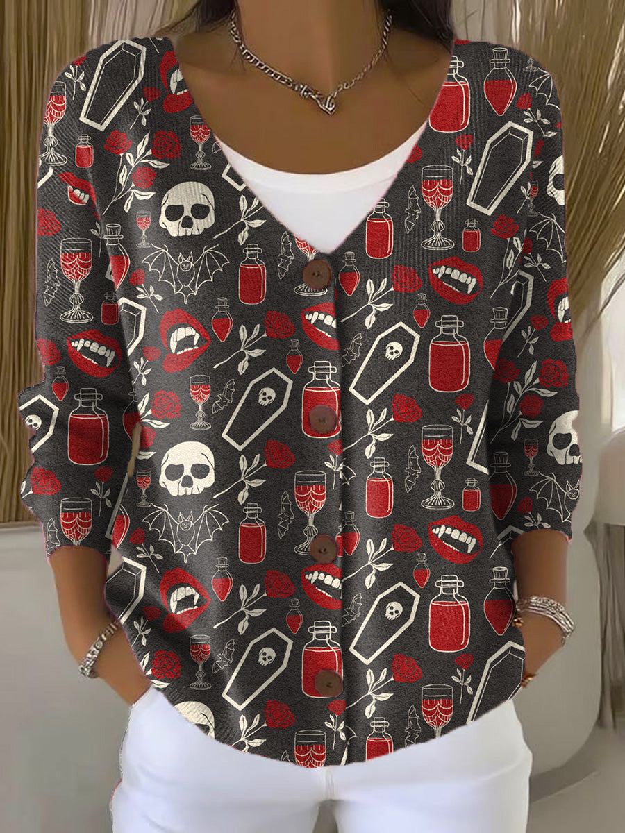 halloween-irregularities-print-buttoned-v-neck-cardigan-sweater