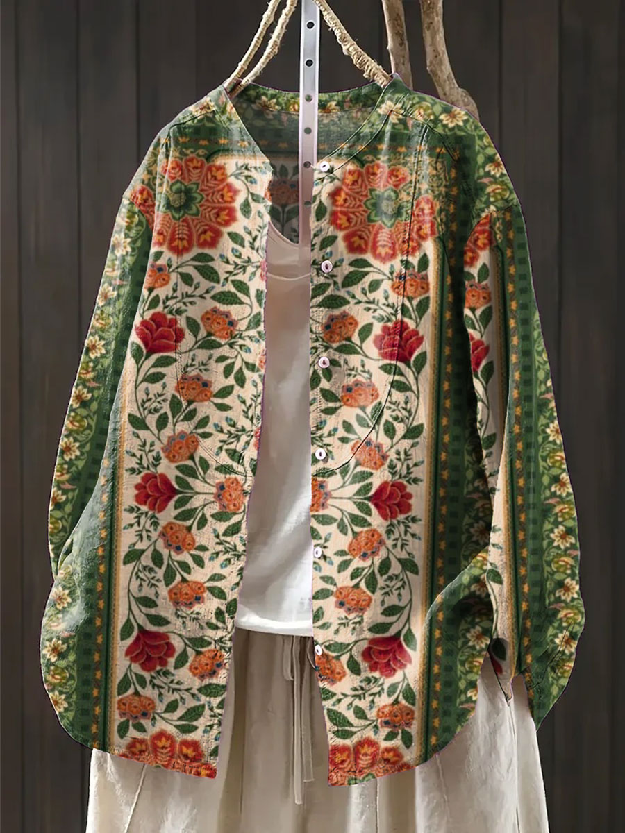Women's Vintage Flower Art Print Casual Cotton And Linen Shirt