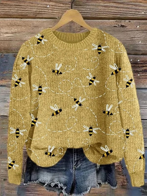 Vintage Funny Bee Art Print Knit Pullover Sweater