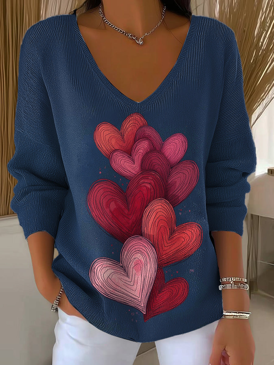 Valentine's Day Painting Art Heart-shaped Decorative Patterns Women's Casual V Collar Long Sleeve Sweater