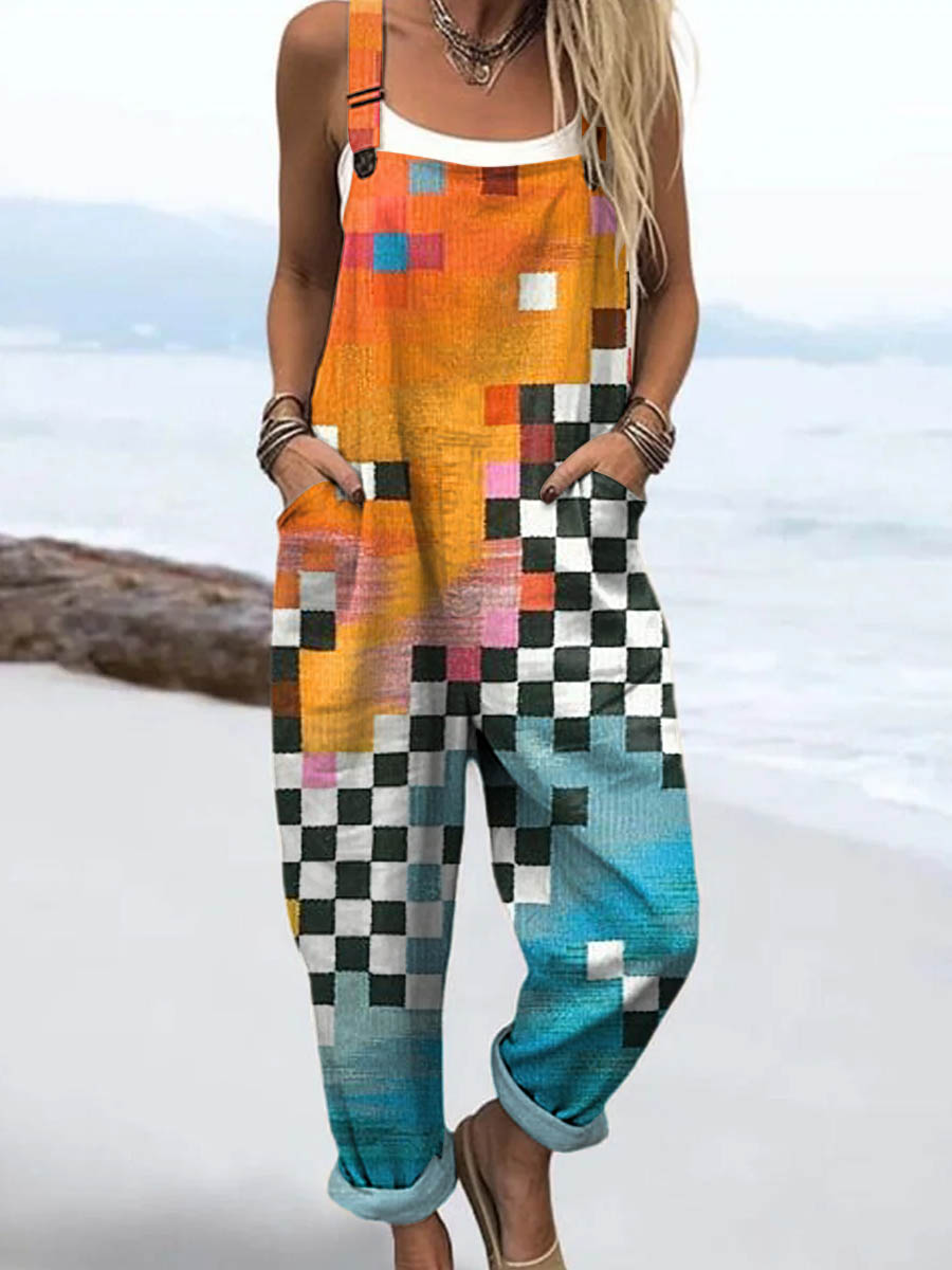 Women's Abstract Geometric Pattern Art Print Casual 100% Cotton Wide Leg Jumpsuit