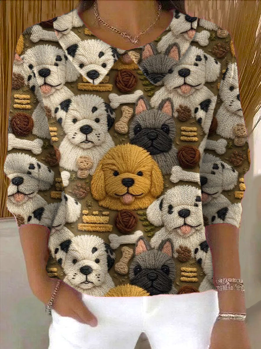 womens-funny-furry-dog-art-print-casual-peter-pan-collar-3-4-sleeve-sweater