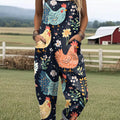 Women's Lovely Chicken Floral Art Print Casual 100% Cotton Wide Leg Jumpsuit