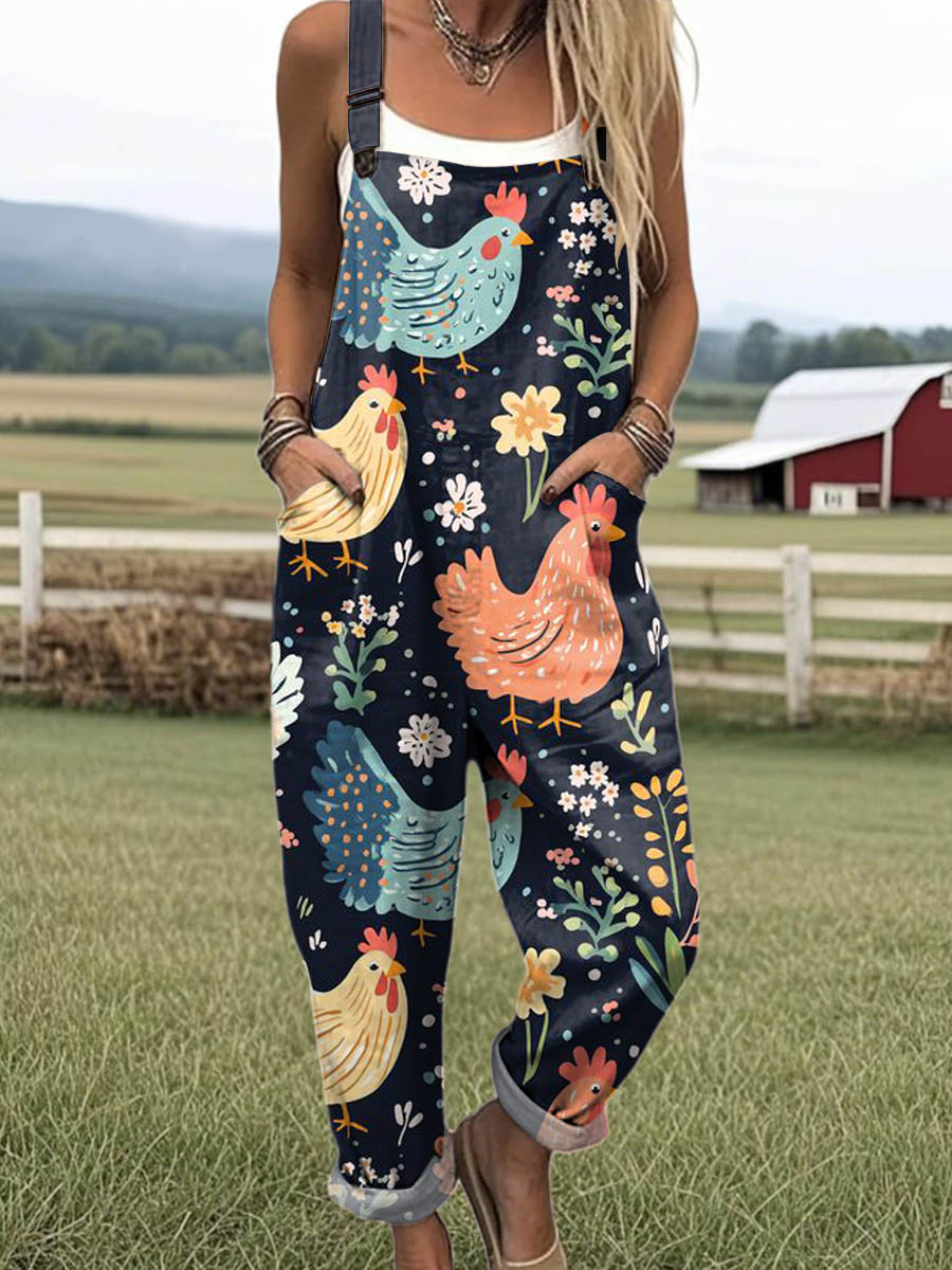 Women's Lovely Chicken Floral Art Print Casual 100% Cotton Wide Leg Jumpsuit