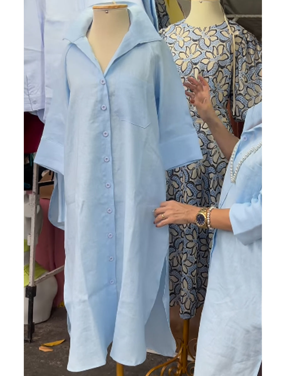 Women's Casual Pocket Shirt Style Cotton and Linen Dress