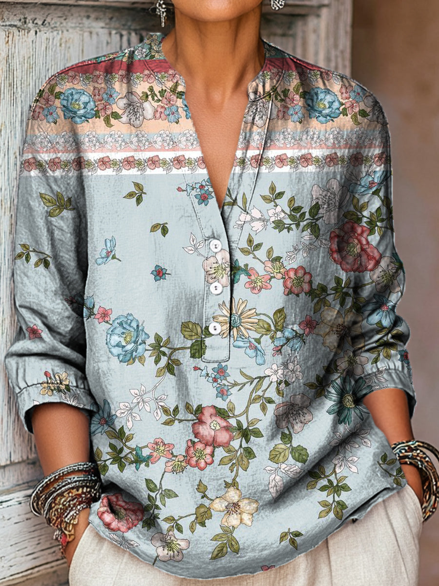 Women's Beautiful Ethnic Floral Geometric Art Print Casual Cotton And Linen Shirt