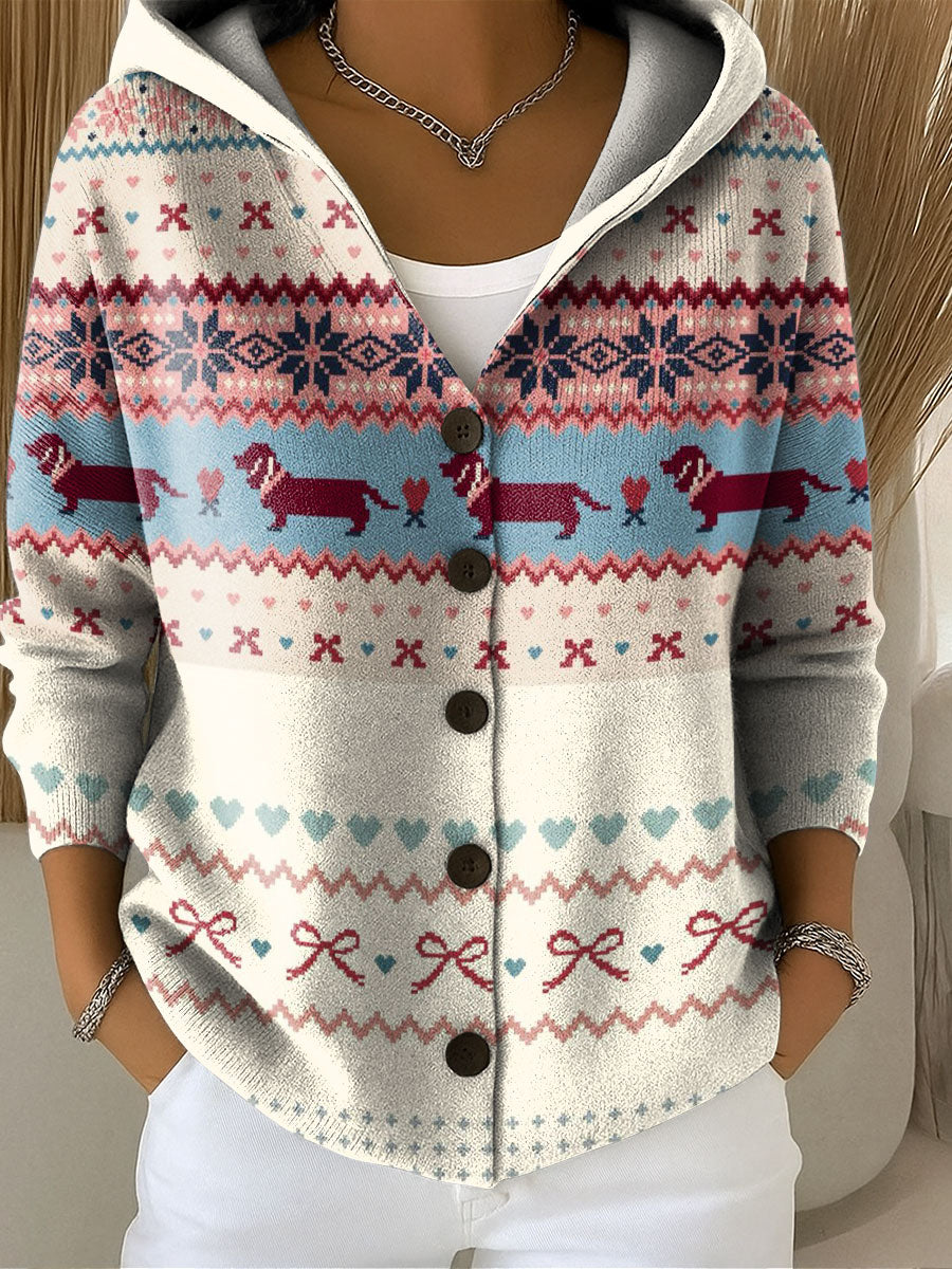 Women's Vintage Christmas Pattern Printed Casual Hooded Button Sweater