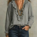 Women's Retro Striped Ruffled Stylish Casual Cotton Linen Shirt