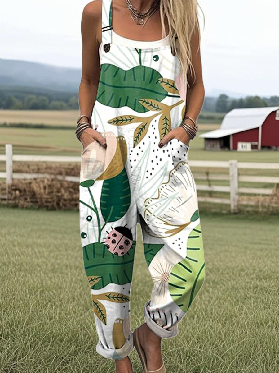 Women's Art Creative Plant Ladybird Print Casual 100% Cotton Wide Leg Jumpsuit