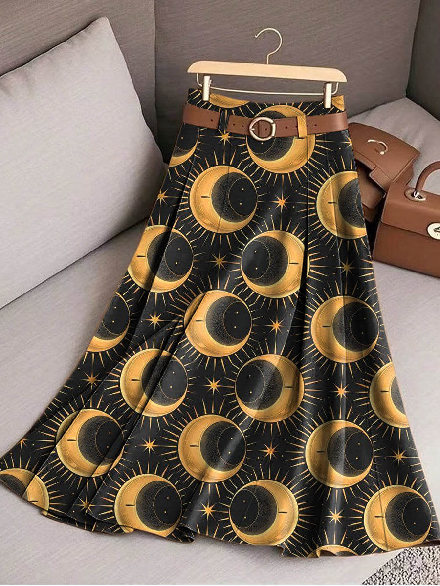 Women's Beautiful Vintage Abstract Moon Art Print Cotton Skirt