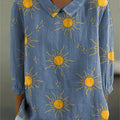 Women's Blue Sun Print Casual Cotton And Linen 3/4 Sleeve Shirt