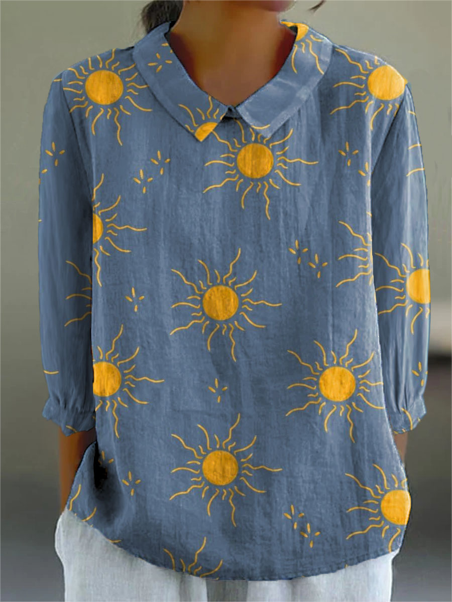 Women's Blue Sun Print Casual Cotton And Linen 3/4 Sleeve Shirt