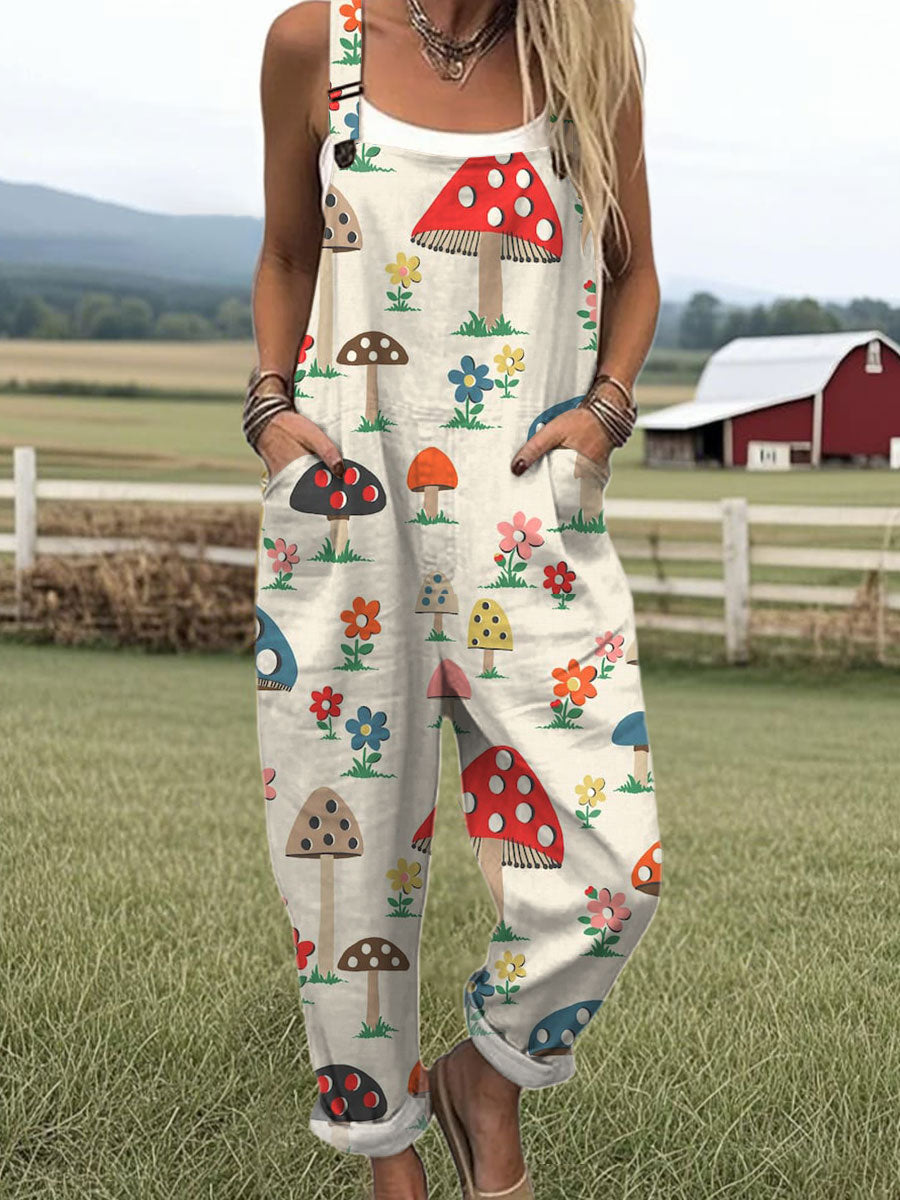 Women's Cute Mushrooms Art Print Casual 100% Cotton Wide Leg Jumpsuit