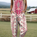 Women's Vintage Floral Pattern Art Print Casual 100% Cotton Wide Leg Jumpsuit