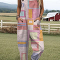 Women's  Vintage Abstract Geometric Art Print Casual 100% Cotton Wide Leg Jumpsuit