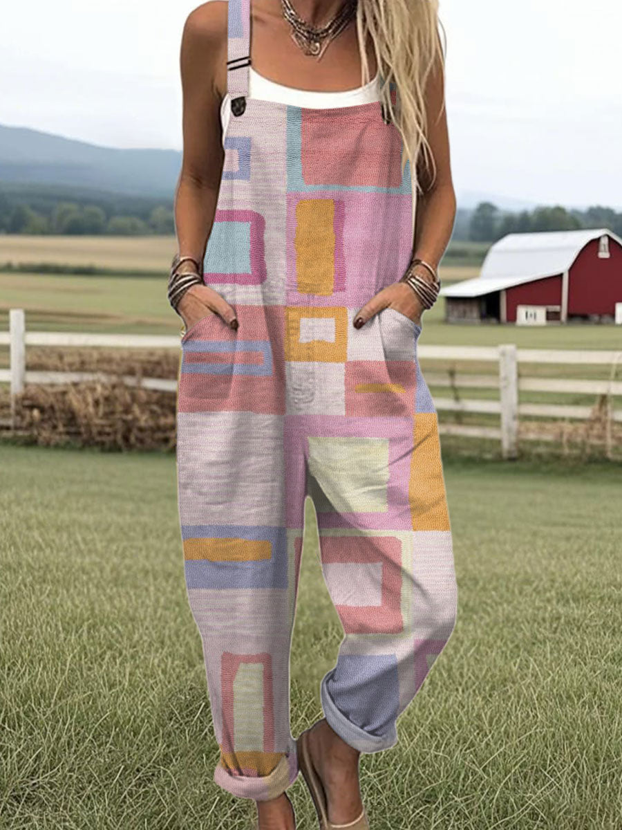Women's  Vintage Abstract Geometric Art Print Casual 100% Cotton Wide Leg Jumpsuit