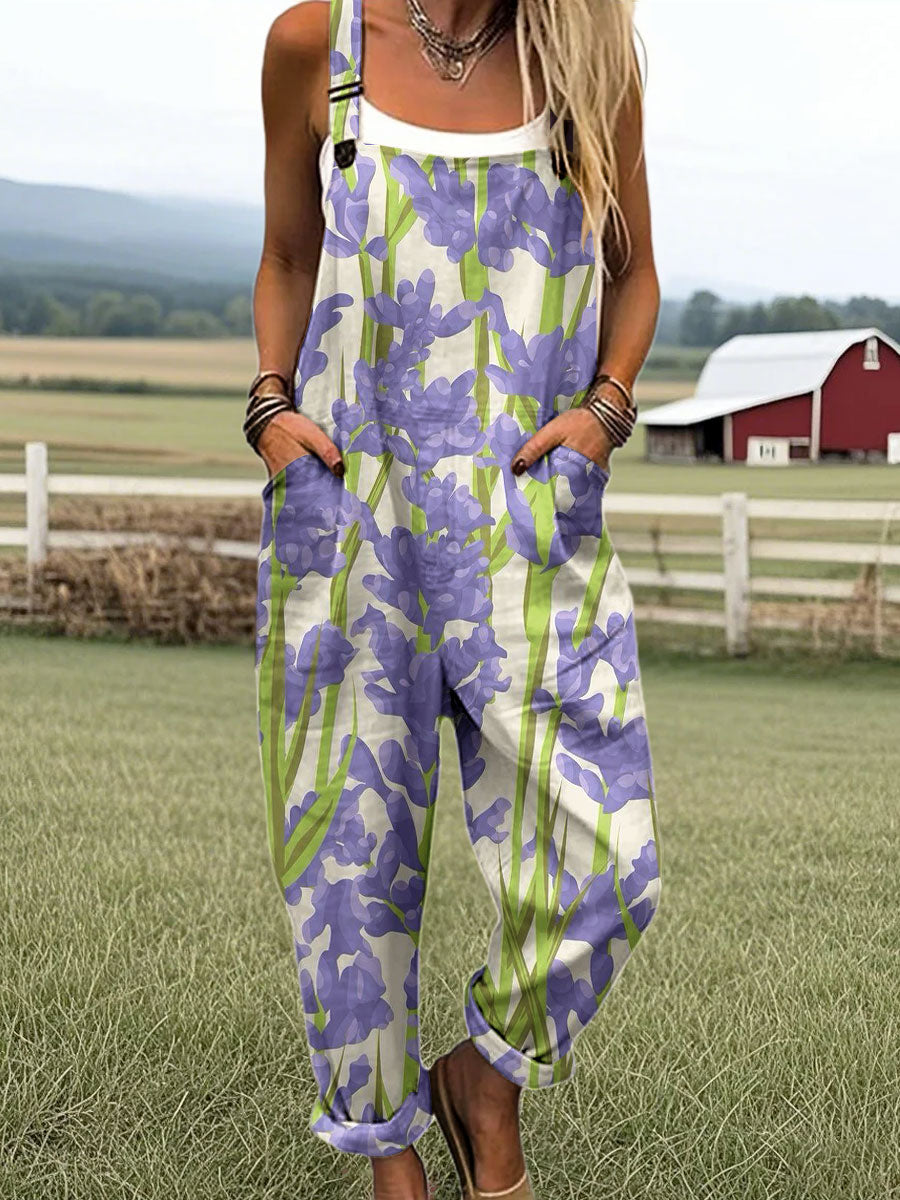 Women's Vintage Flowers Art Print Casual 100% Cotton Wide Leg Jumpsuit