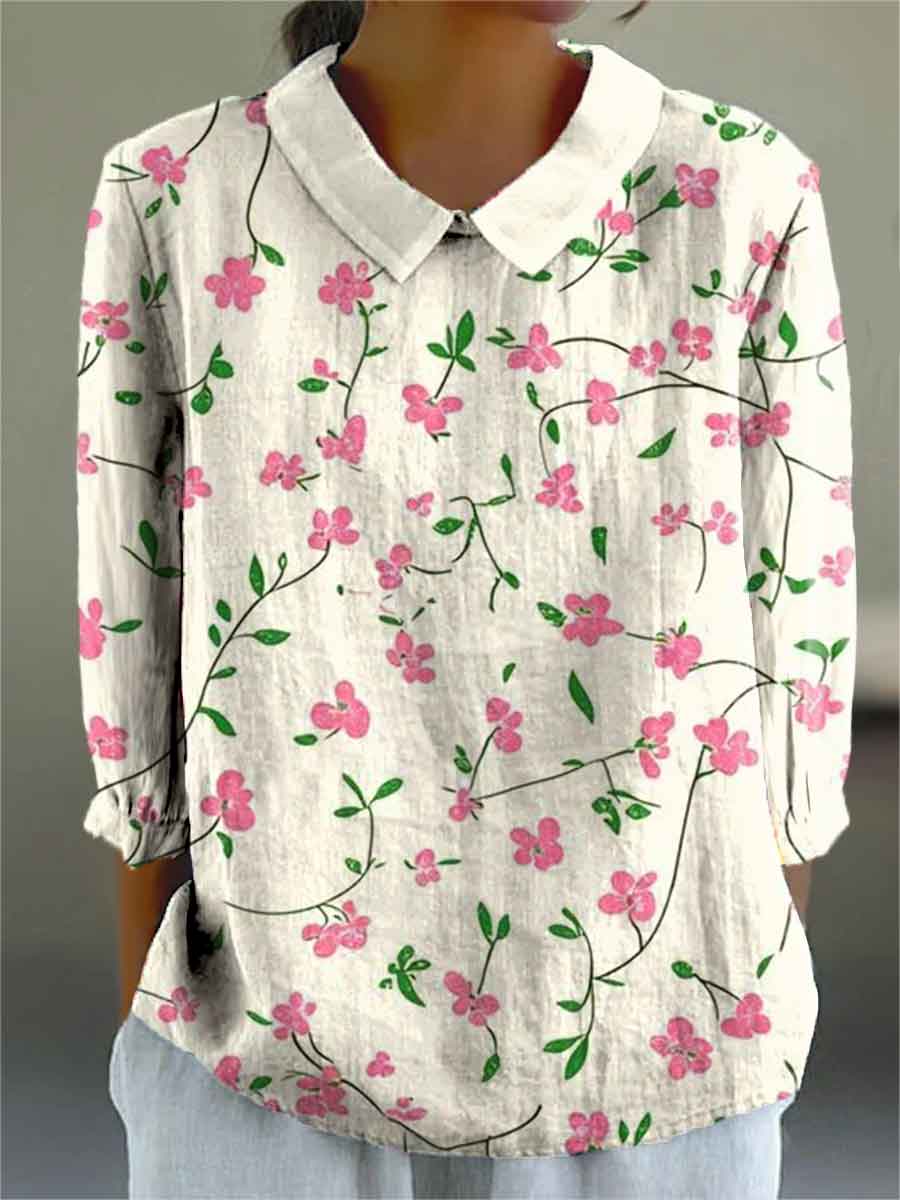 Women's Flowers Print Casual Cotton And Linen 3/4 Sleeve Shirt