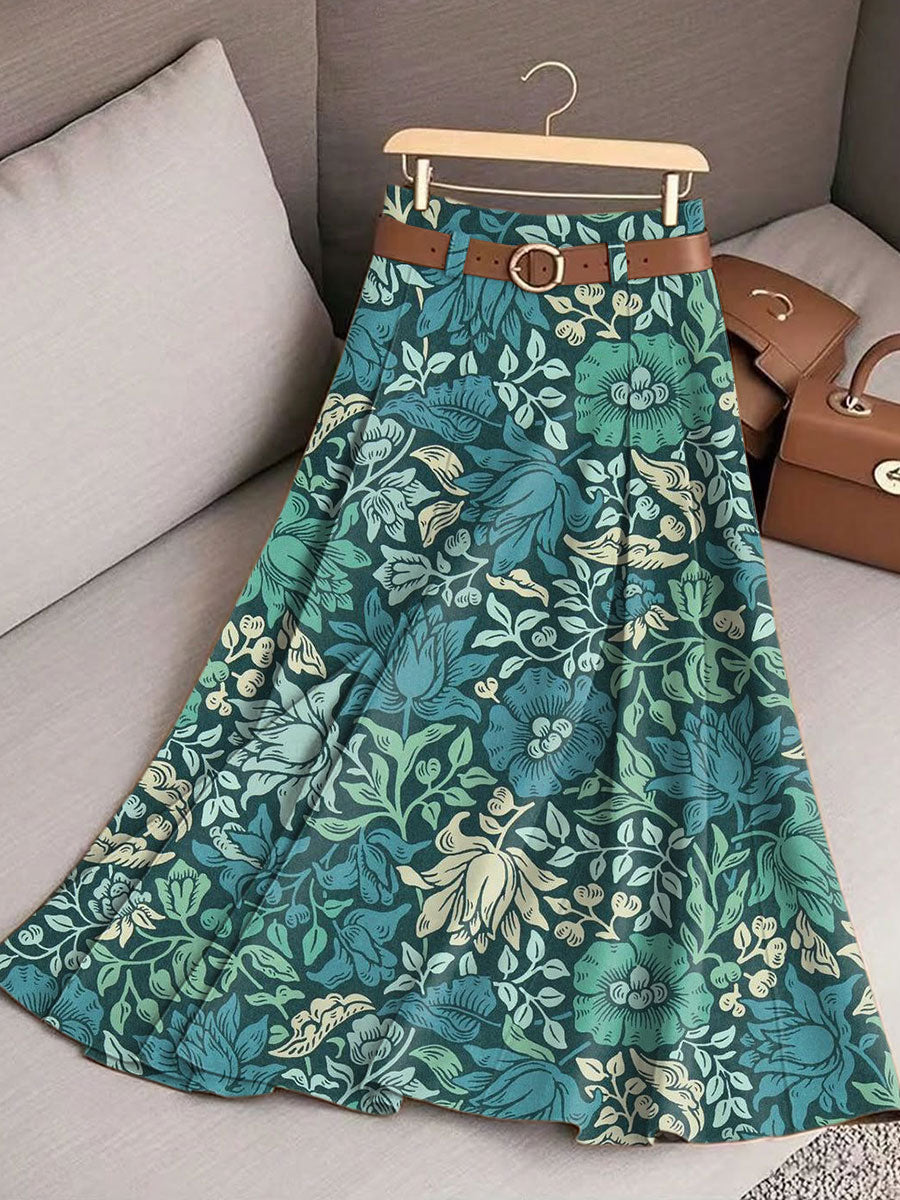Women's Vintage Flower Art Print Cotton Skirt