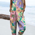 Women's Vintage Flower Art Print Casual 100% Cotton Wide Leg Jumpsuit