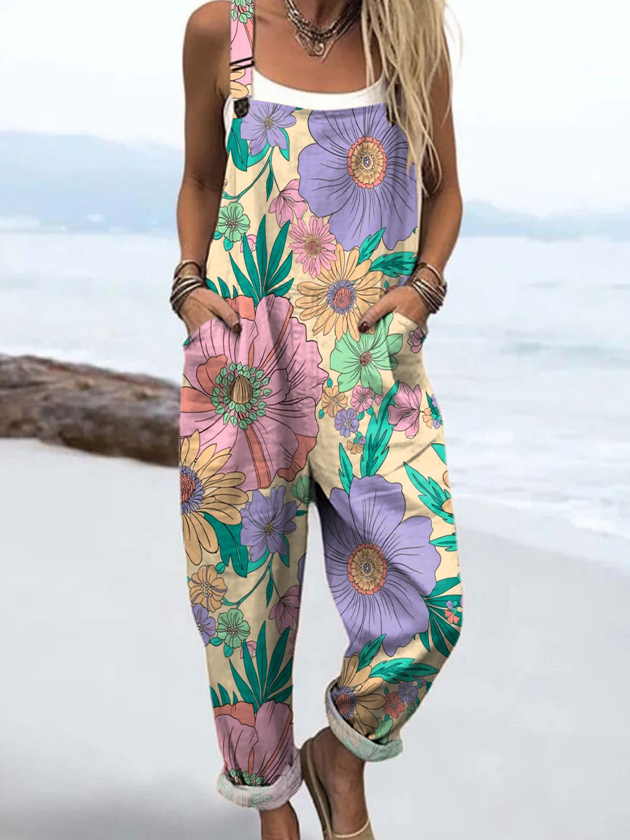 Women's Vintage Flower Art Print Casual 100% Cotton Wide Leg Jumpsuit