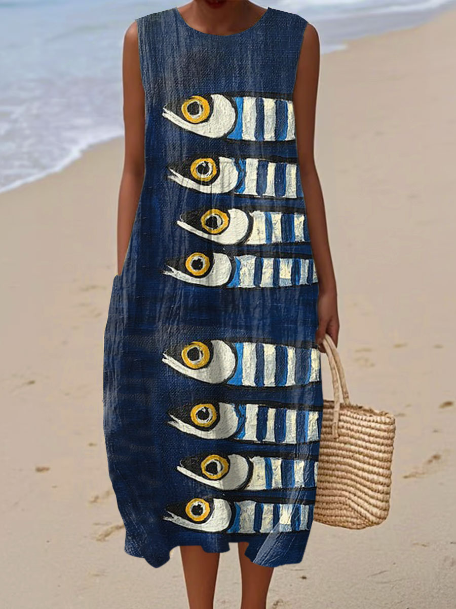Women's Vintage Fish  Art Print Sleeveless Cotton Pocket Wrap Dress