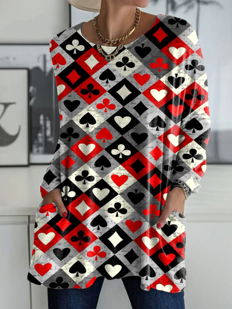 Women's Poker Plaid Print Casual Long Sleeve T-shirt