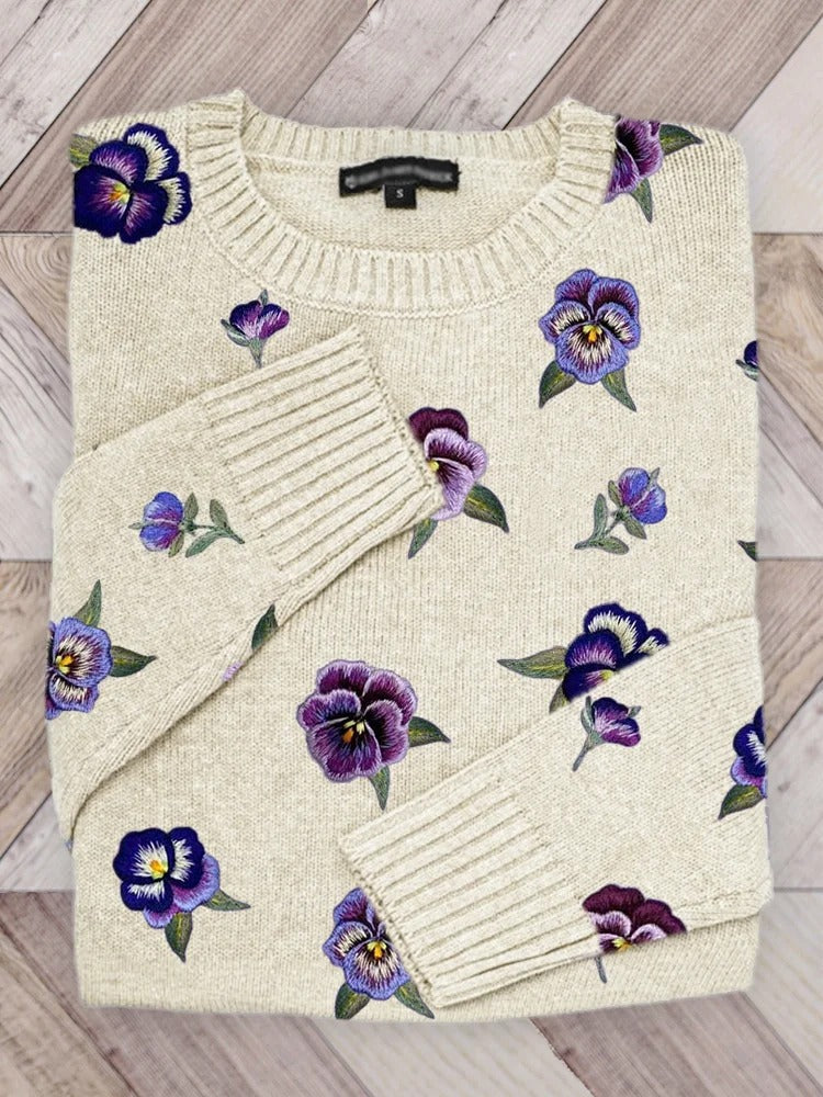 vintage-flower-art-print-knit-pullover-sweater