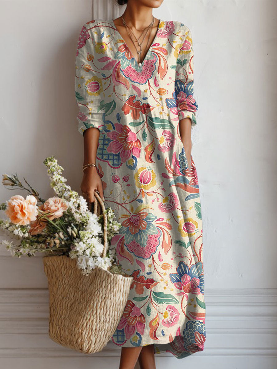 Women's Vintage Flower Art Print Linen Pocket Dress