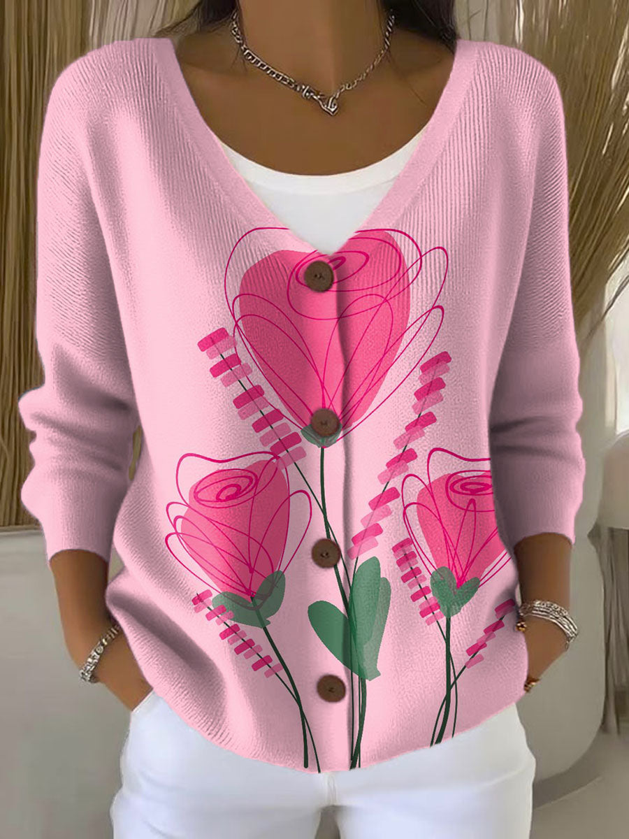pink-rose-print-buttoned-v-neck-cardigan-sweater