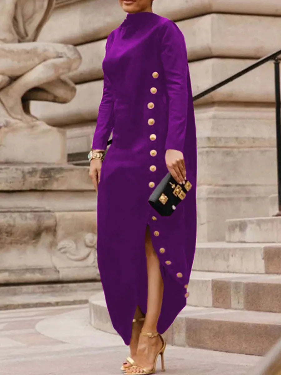 Women's Solid Color Round Neck Long Sleeve Casual Button Loose Fit Dress