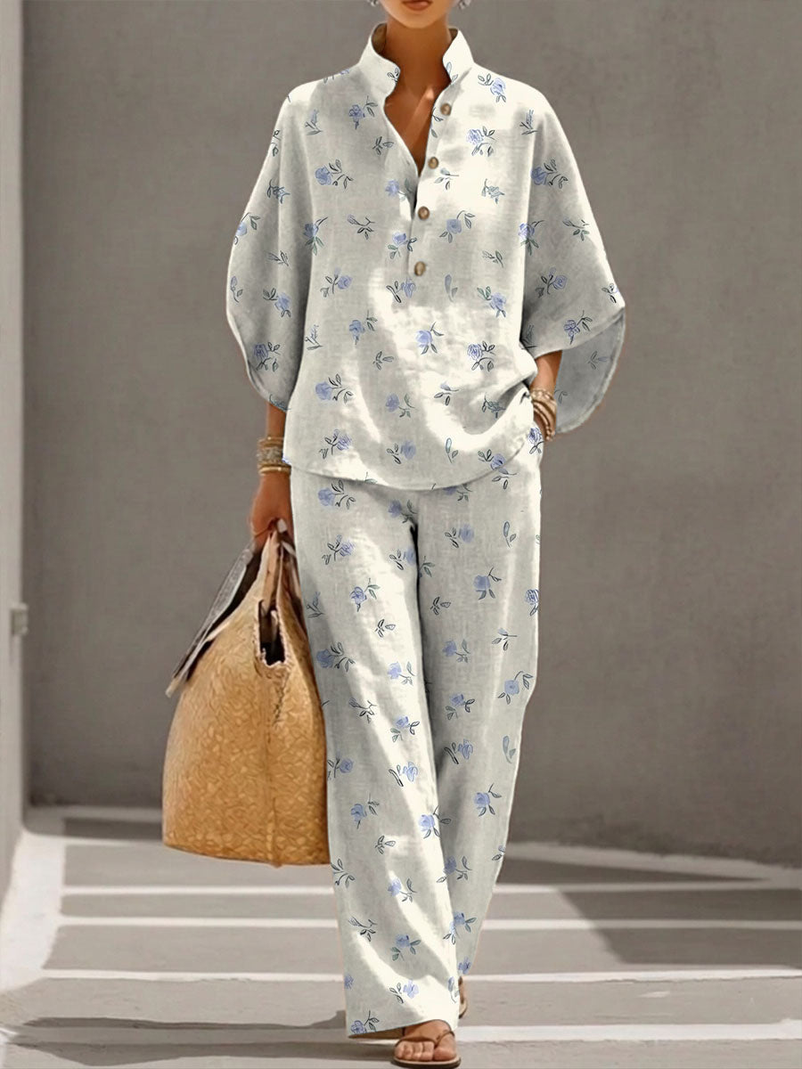 Women's Floral Print Casual Cotton-linen Two-piece Set