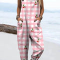 Women's Lovely Cherry Plaid Pattern Art Print Casual 100% Cotton Wide Leg Jumpsuit