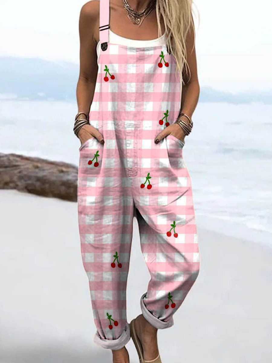 Women's Lovely Cherry Plaid Pattern Art Print Casual 100% Cotton Wide Leg Jumpsuit